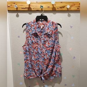 Tie-front Sleeveless Floral Blouse